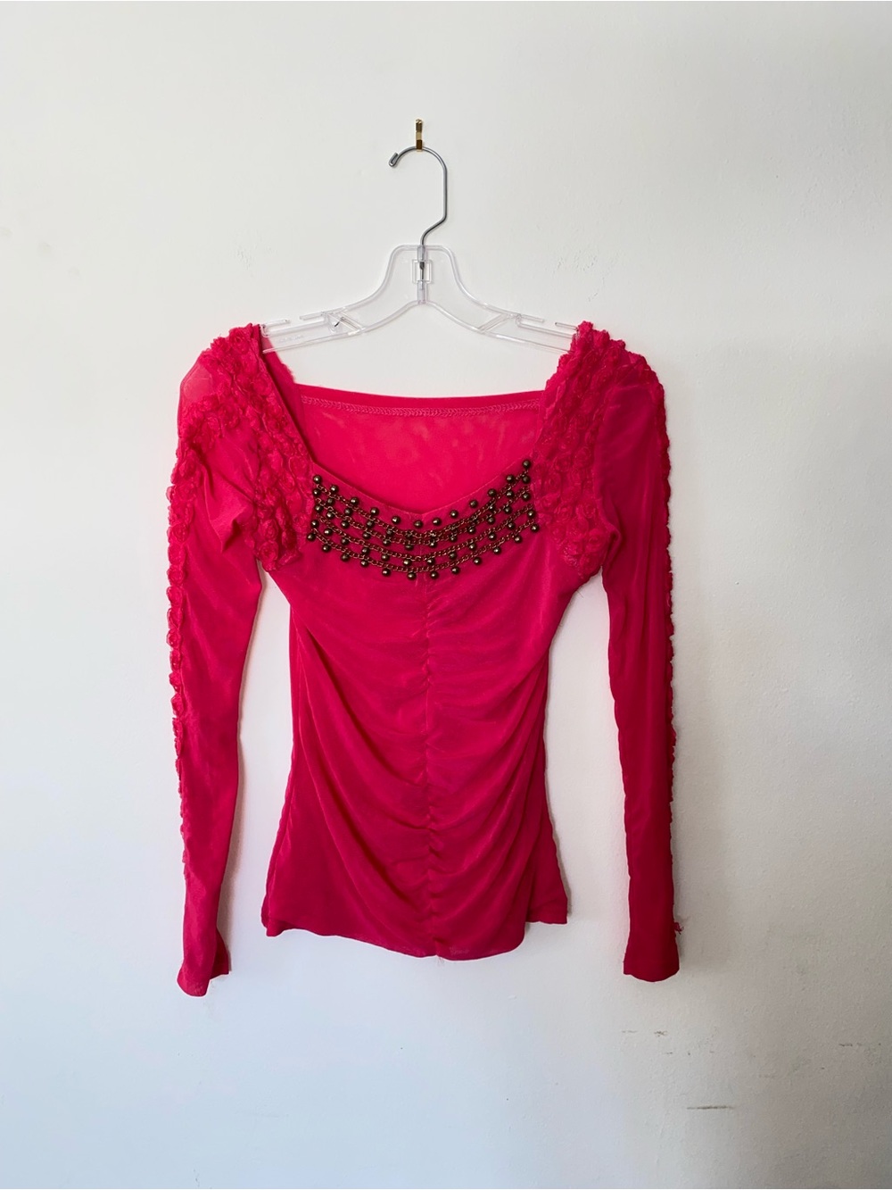 Embellished Fuchsia hot pink Long-Sleeve mesh Top